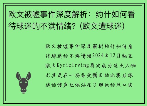 欧文被嘘事件深度解析：约什如何看待球迷的不满情绪？(欧文遭球迷)